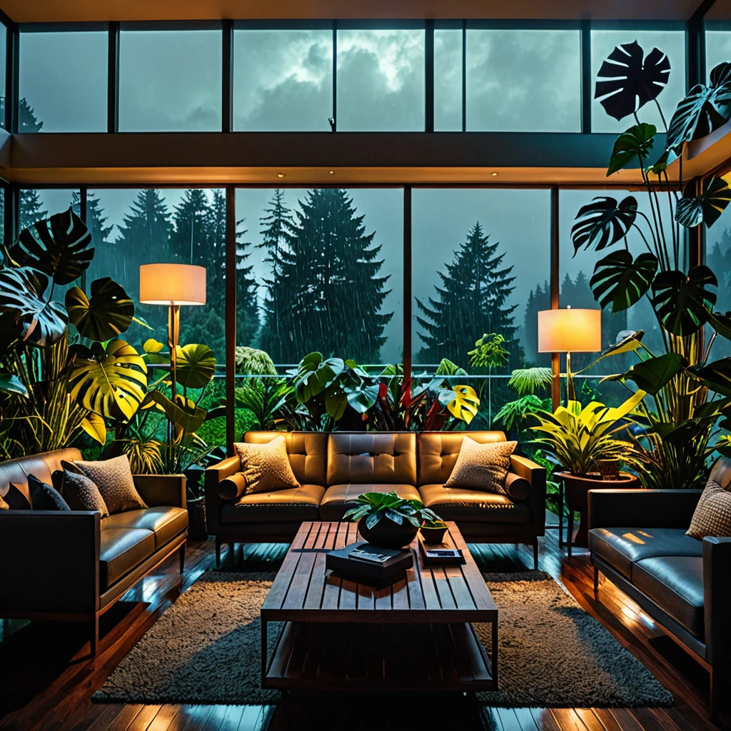 (masterpiece:1.1), (highest quality:1.1), (HDR:1.0), midcentury modern living room dimly lit with dark rainy evening outside, (foggy rainy evening:1.2), pacific northwest, (dim lighting:1.4), (moody lighting:1.2), plants, large plants, rainy, monstera, many plants, (foggy windows:1.2), masterpiece, best quality, twilight hour, (nighttime:1.4), rainy evening, after sunset
, detailed, realistic, 8k uhd, high quality