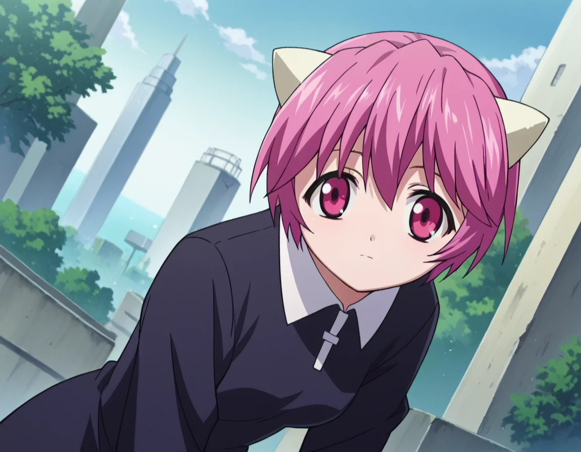 score_9, score_8_up, score_7_up, source_anime,
elfenliednana, , short hair, pink hair, pink eyes, horns,
long sleeves, dress,
outdoors, cityscape, bent over,
looking at viewer, dutch angle, cowboy shot,