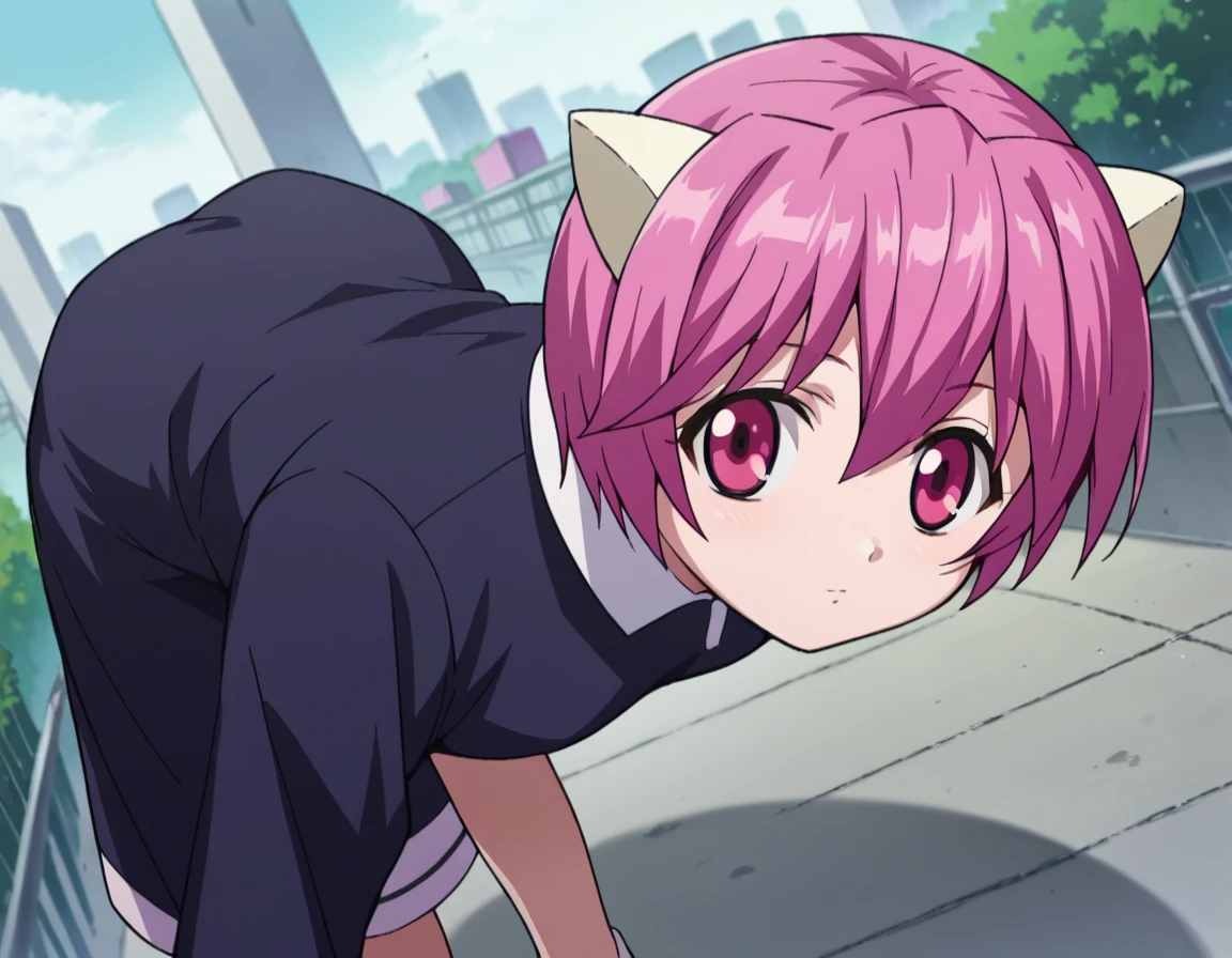 score_9, score_8_up, score_7_up, source_anime,
elfenliednana, , short hair, pink hair, pink eyes, horns,
long sleeves, dress,
outdoors, cityscape, bent over,
looking at viewer, dutch angle, cowboy shot,