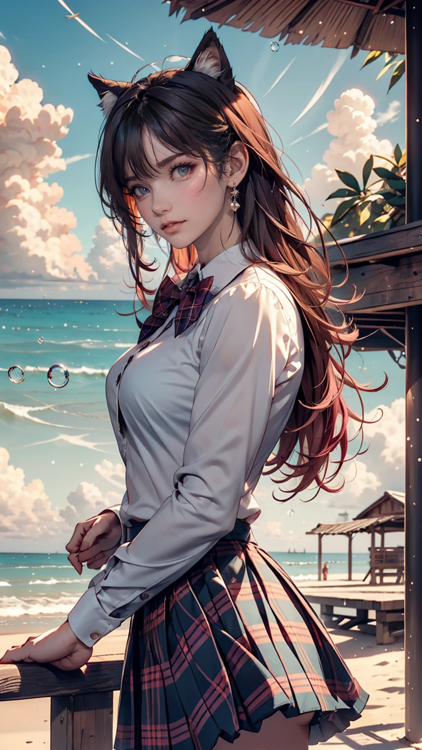 (One girl, size), (guitar alone), bubble skirt, aqua shirt, bow, bowtie, button, collared shirt, Expressionless, Eyebrows hidden by hair, fox mask, Cowboy Shot, Long Hair, Long sleeve, mask, multicolored button, Pink Eyes, Pink Hair, orange skirt, Plaid, Plaid shirt, purple bow, purple bowtie, shirt, skirt, alone, very Long Hair, Ocean, Ocean, Beach, cloudy, sunlight, evening, moon, cloud, null, Outdoor, cloudy null, leaf, Remains, Sunbeam, Post-apocalyptic, Side view