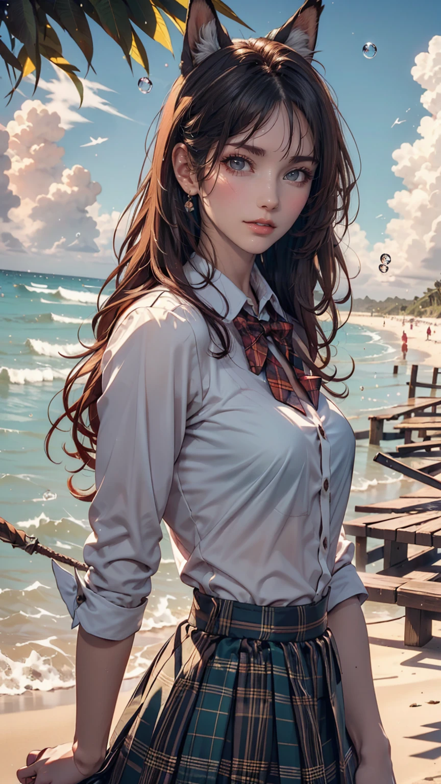 (One girl, size), (guitar alone), bubble skirt, aqua shirt, bow, bowtie, button, collared shirt, Expressionless, Eyebrows hidden by hair, fox mask, Cowboy Shot, Long Hair, Long sleeve, mask, multicolored button, Pink Eyes, Pink Hair, orange skirt, Plaid, Plaid shirt, purple bow, purple bowtie, shirt, skirt, alone, very Long Hair, Ocean, Ocean, Beach, cloudy, sunlight, evening, moon, cloud, null, Outdoor, cloudy null, leaf, Remains, Sunbeam, Post-apocalyptic, Side view