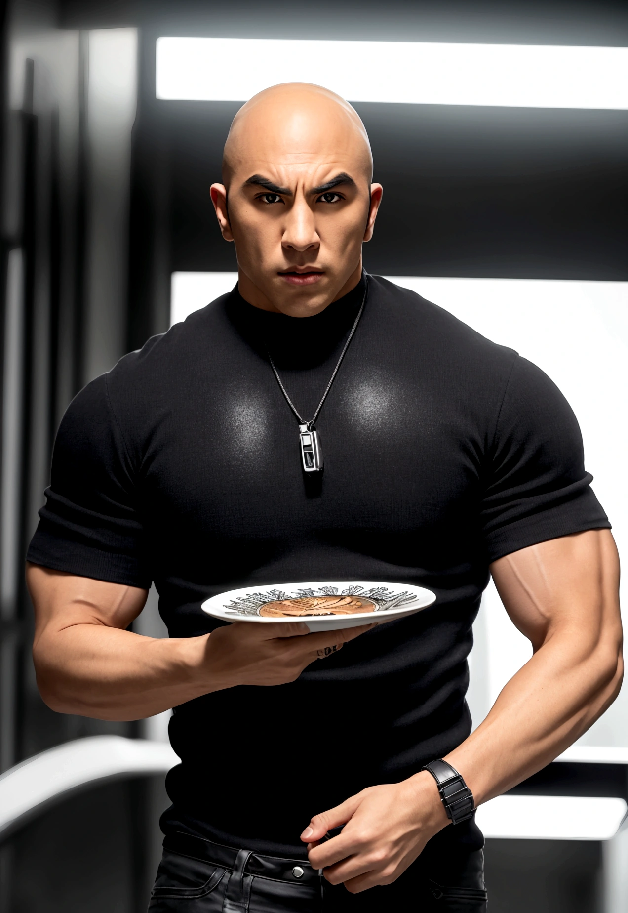 half body photo, Director of photography, ultra realistic, 1 man holding an empty plate, Beautiful face, Full body shot, Detailed clothing, Beautifully detailed, Extremely detailed eyes and face, Beautiful detailed eyes, (UHD, HDR, High Resolutions, ultra detailed, intricate details, Textural effects, absurdities, Masterpiece, 8k:1.2) Visualize a powerful black 1970 Dodge Charger RT in an urban setting. The evening sun illuminates the scene, creating a warm and energetic atmosphere. el Dodge Charger RT 1970, Shining with shiny metallic color and high-speed details. ((Toretto holds an empty plate in his hands.)) and his intense and determined look reveals his determination. You may feel like something exciting is about to happen... City lights reflect on the car body., and the noise of the engines and the adrenaline are breathed in the air. XF IQ4, 150 megapixels, 50mm, ISO 1000, 1/250s, natural light, Adobe Lightroom, photography laboratory, affinity photo, PhotoDirector 365 Waiting to get started