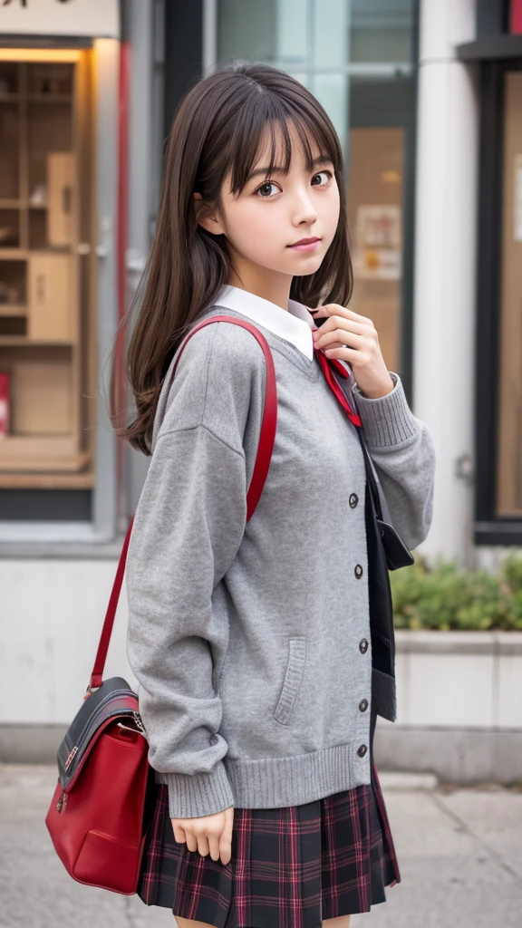 Japanese、18-year-old high school girl、Grey school sweater、Grey and red checked mile