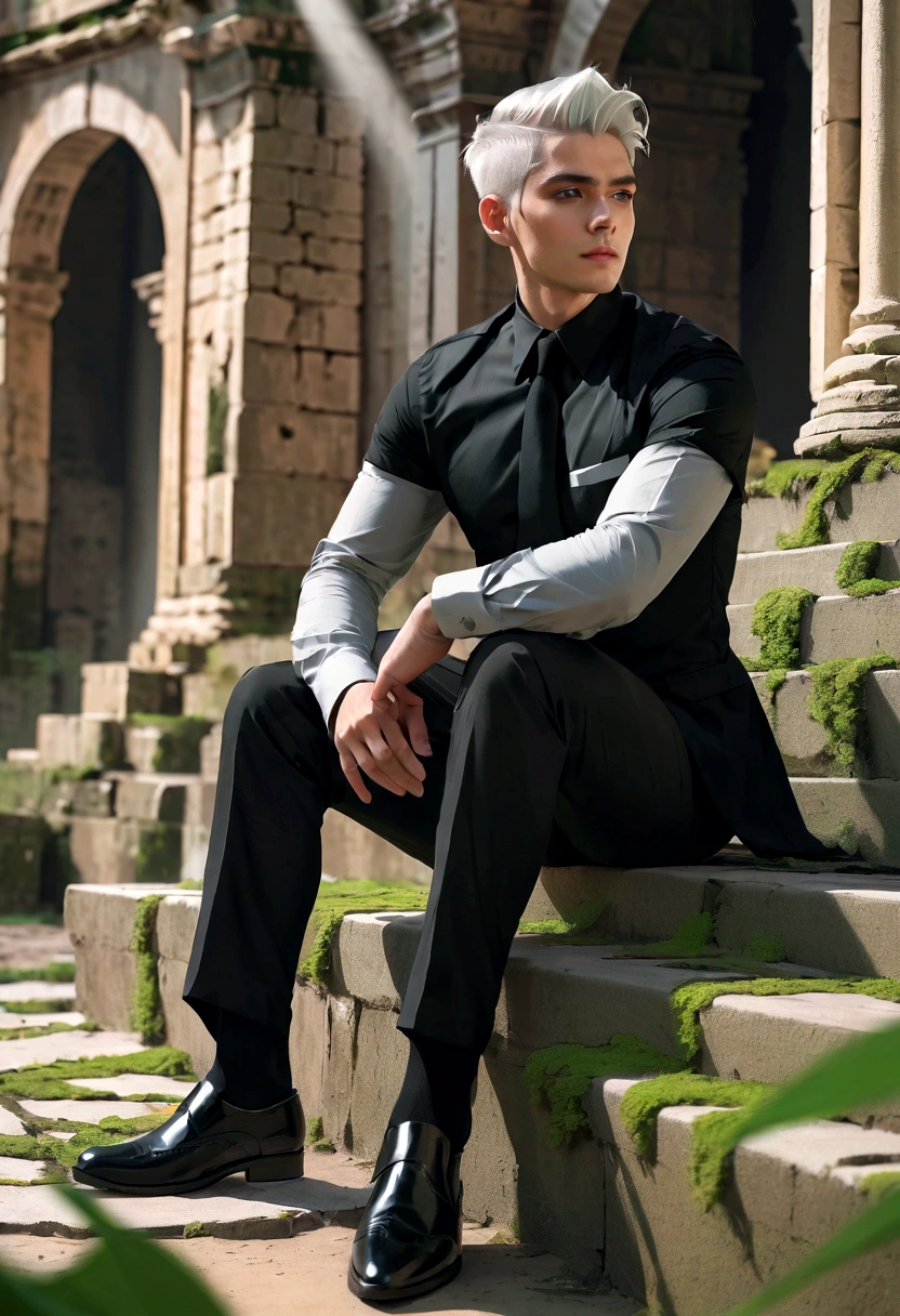 motorcycle, A man with a toned body, Solitary, White hair, Moss green tone hair, short hair, ((Black and gray social shirt, Black and gray trousers)), Black social shoes, Serious look, Light green eyes, Ancient ruins, Black Tie.