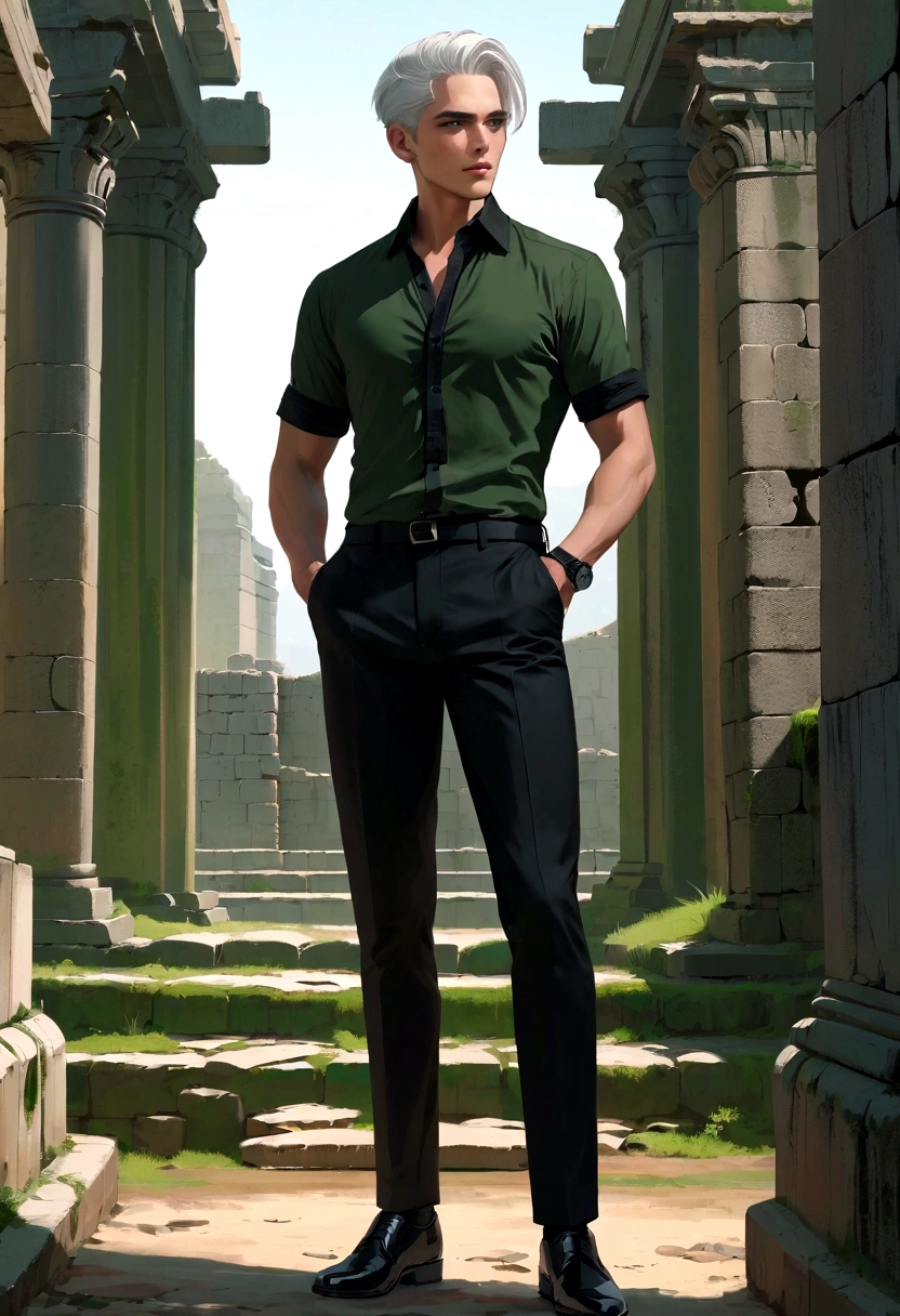 motorcycle, A man with a toned body, Solitary, White hair, Moss green tone hair, short hair, ((Black and gray social shirt, Black and gray trousers)), Black social shoes, Serious look, Light green eyes, Ancient ruins, Black Tie.