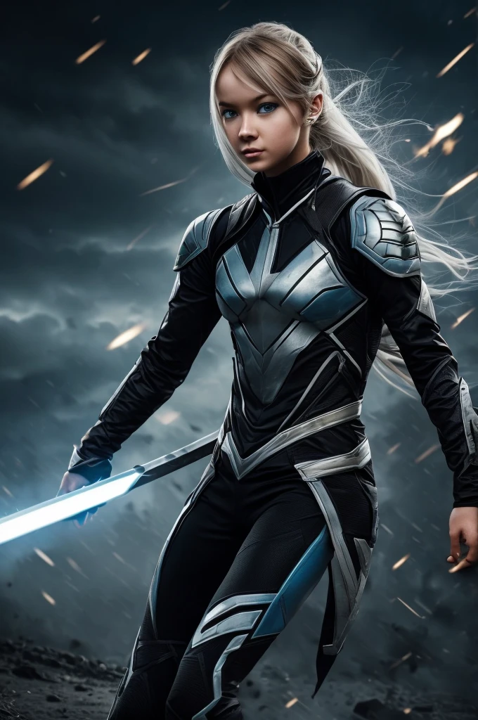 Superhero, modern superhero costume, white bat costume, black stripes on the sides, camouflage functions, integrate special LED plates or coatings in the costume with the ability to change color like a chameleon, style like the black bat costume, costume for a girl, ninja, with Chinese sword, beautiful Chinese girl, albino girl, light blue eyes, Chinese girl with fringes, character masculine, kind, brave, determination, on the battlefield, atmospheric perspective, motion blur, 8k, super detail, the best quality, UHD, high detail