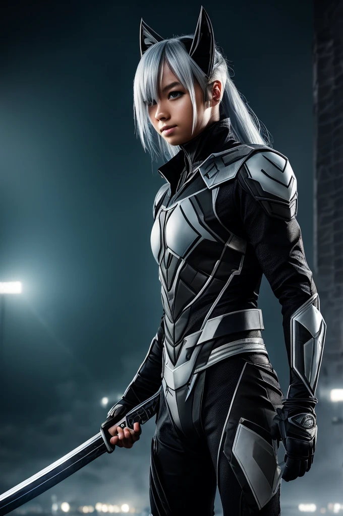 Superhero, modern superhero costume, white bat costume, black stripes on the sides, camouflage functions, integrate special LED plates or coatings in the costume with the ability to change color like a chameleon, style like the black bat costume, costume for a girl, ninja, with Chinese sword, beautiful Chinese girl, albino girl, light blue eyes, Chinese girl with fringes, character masculine, kind, brave, determination, on the battlefield, atmospheric perspective, motion blur, 8k, super detail, the best quality, UHD, high detail