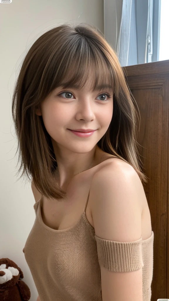 ((8k, RAW photo, best quality, masterpiece: 1.2,)), (realistic, photorealistic: 1.37, selfie:1.1, looking at viewer), NSFW, masturbation, 1 girl, brown hair, medium hair, shy-smile, small breasts, in simple room,