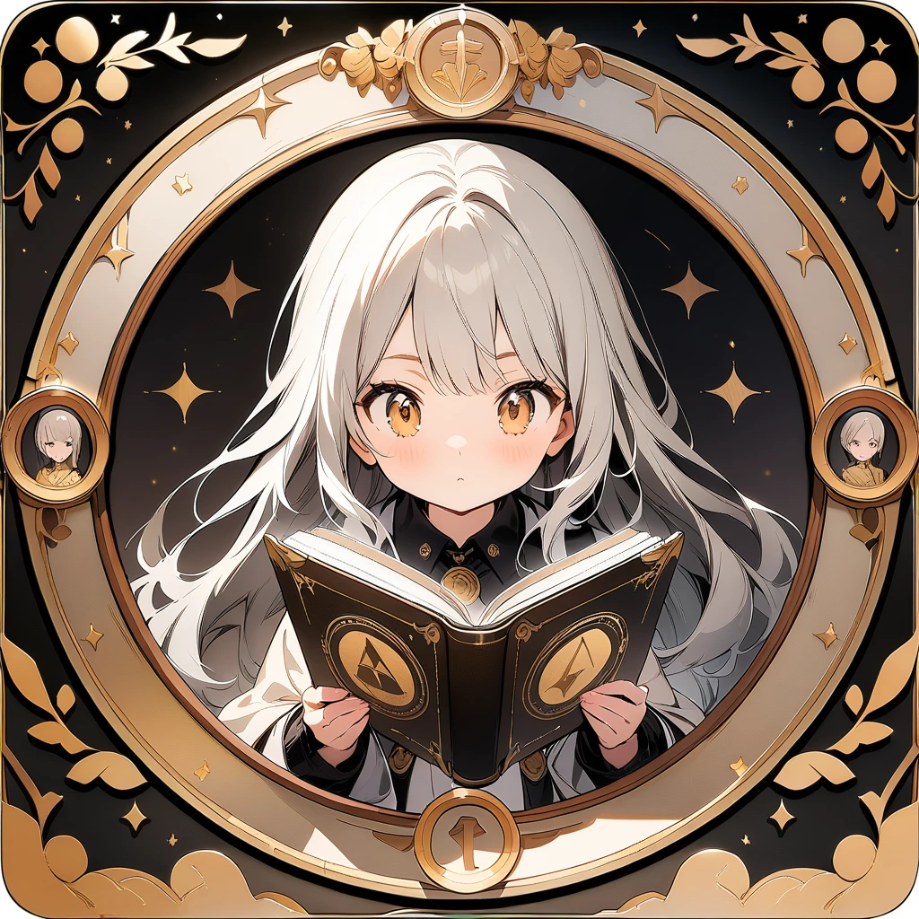 (circle frame1.7),1girl,, masterpiece art, reading gold book, cute girl,icon, circle frame,