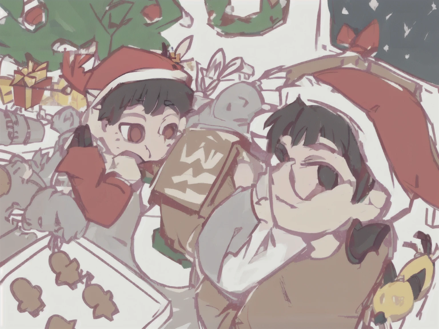 There are two children sitting at the table，Holding a cookie in his hand, Provided by Shingei, Official Fanart, Detailed fan art, Written byKanbun Master, High-quality fanart, 🍁 cute的, Gift, Happy!!!, 😭 🤧 💔, 🐿🍸🍋, Oh yeah, eat cake, season!! : 🌸 ☀ 🍂 ❄, 8K!, tumblr，Christmas，Christmas tree，Snow outside the window，cute