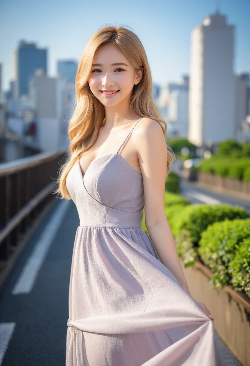 Leila、18-year-old、(Russian women)、(Cute face)、(Thin contours:1.3)、(Grey Eyes:1.8)、(Big Breasts:1.3)、(Narrow waist)、(Blonde semi-long hair:1.3)8-head-tall model style、Full body angle、smile、Long dress、Inside the city of Tokyo