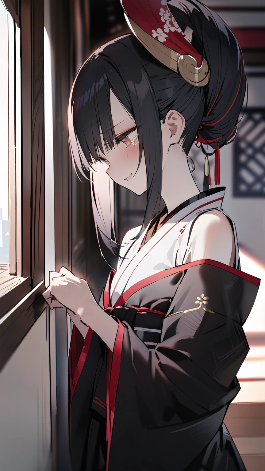 Highest quality、Oiran、Red-black hair、Gray、Long Hair、Tied up hair、masterpiece、Very detailed、Shoulder Bare、Black kimono、{smile}、Sadness、From the waist up、Looking at this、{tears}、smoke tube、Morning Glow、