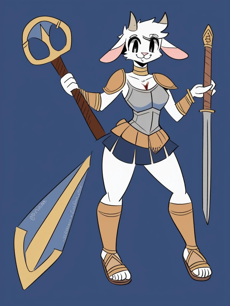 1girl, furry, furry_female, goat_ears, goat_girl, smile, solo, wearing leather armor, gladiator flat leather sandals, gladiator skirt, humanoid feet, holding sword, nosebleed,bloody nose