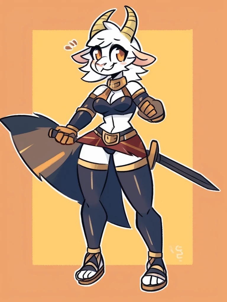 1girl, furry, furry_female, goat_ears, goat_girl, smile, solo, wearing leather armor, gladiator flat leather sandals, gladiator skirt, humanoid feet, holding sword, nosebleed,bloody nose