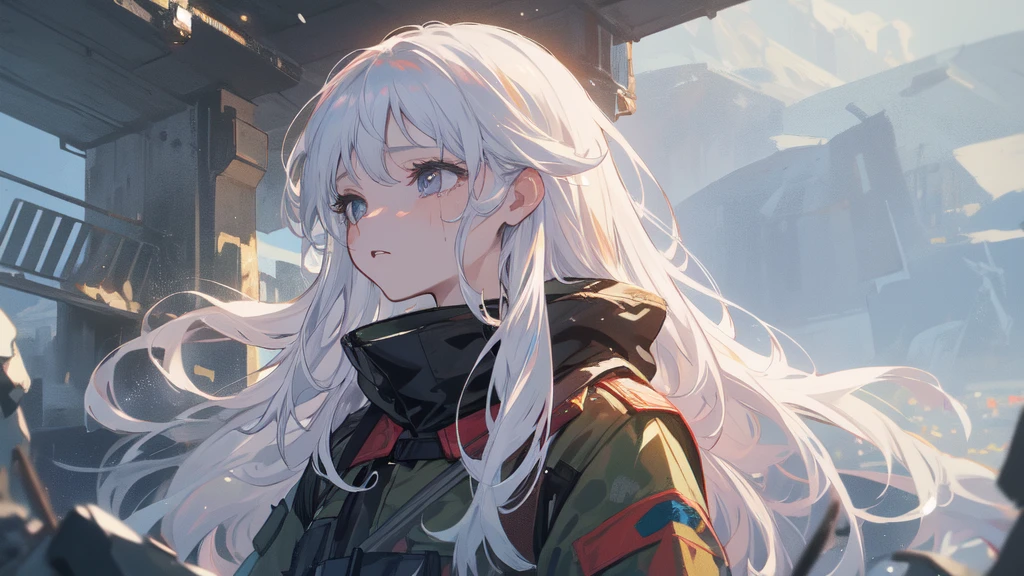 masterpiece:1.2), best quality , 独奏 ,pixiv, anime girl ,long straight white hair , black eyes ,Wearing off-white camouflage uniform ,ten years old,modern battlefield,(Eyes looking into the distance:1.3),(look away:1.5),snowy weather,dirty face,blood on forehead,dirty face,Backlight,Bare rocky peaks ,The expression is sad,leave tears,When the war situation seems to be developing for the better,,A girl wakes up from her deep sleep,She doesn't understand her own life、Not sure about the power in the body,As pure as white paper。At the same time, another soul is sleeping inside the girl's body.,it was an accident,It is also one of the waves that changes the world。Figures are smaller