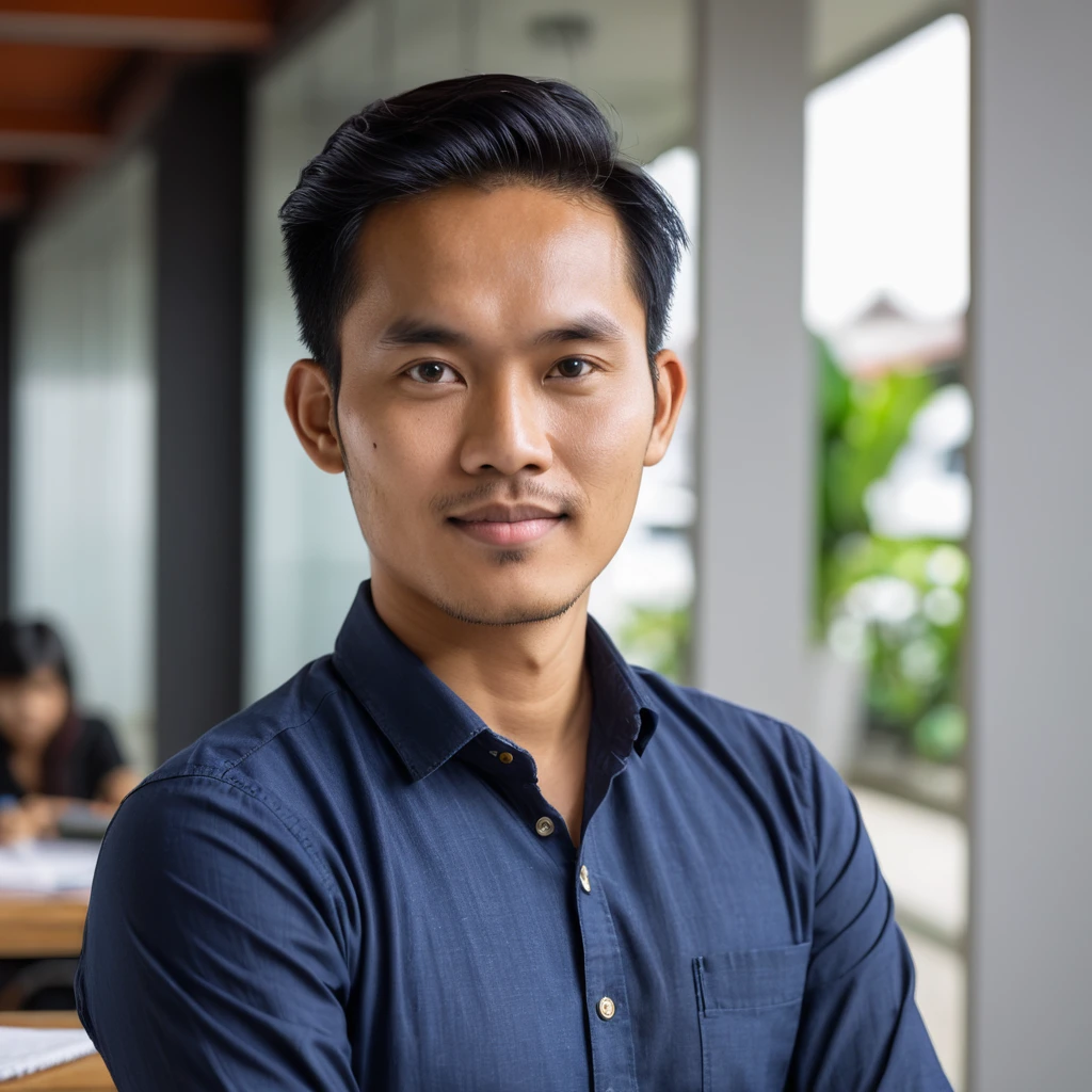headshot photo of male indonesian freelance writer, 30 years old, slim, looking at viewer, side view, news office background