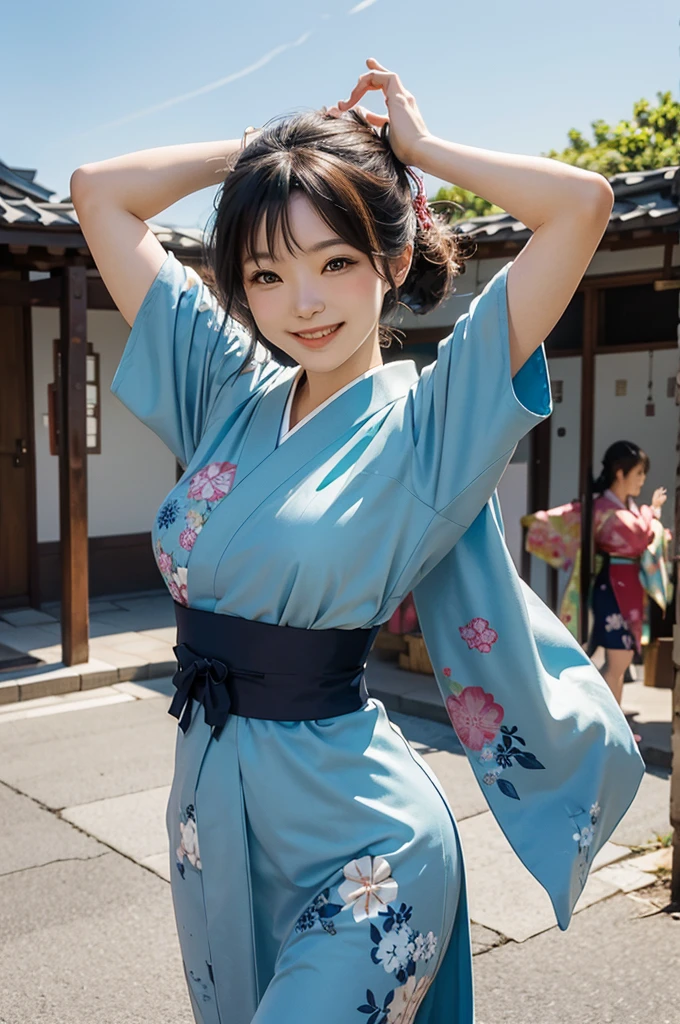A beautiful smiling woman in a kimono greets people with a cheerful "Good morning" as she dances with her arms open under the blue sky