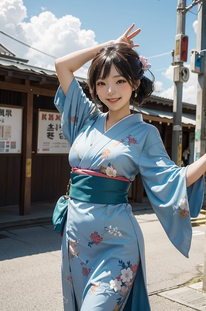 A beautiful smiling woman in a kimono greets people with a cheerful "Good morning" as she dances with her arms open under the blue sky