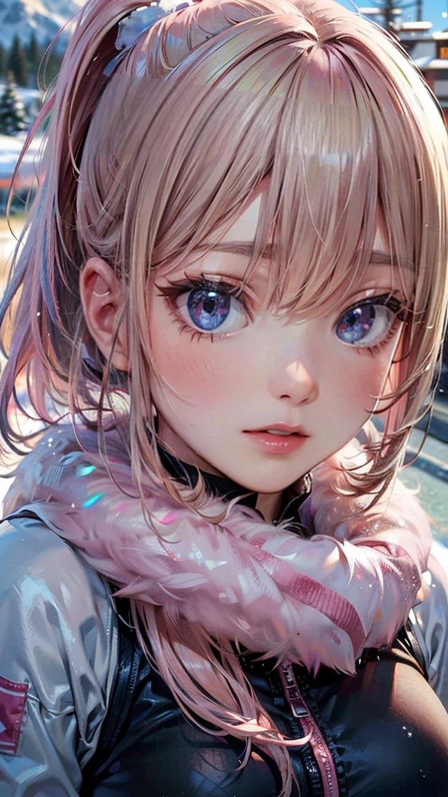 (Masterpiece, BestQuality:1.3), (ultra detailed:1.2), (hyperrealistic:1.3), (RAW photo:1.2), High detail RAW color photo, professional photograph, (Photorealistic:1.4), (realistic:1.4), (Pink Hair:1.5), professional lighting, perfect anatomy, (Big Breasts:1.2), (blush, detailed face), (cheerful Smile:1.5), Trending Hair&Trending Hairカラーをランダムに, earrings, necklace, bracelet, sexly, erotic sexly, Random sexy gravure poses, (A woman wearing ski wear in the winter mountains、Smiling happily。Blonde Ponytail。:1.3)