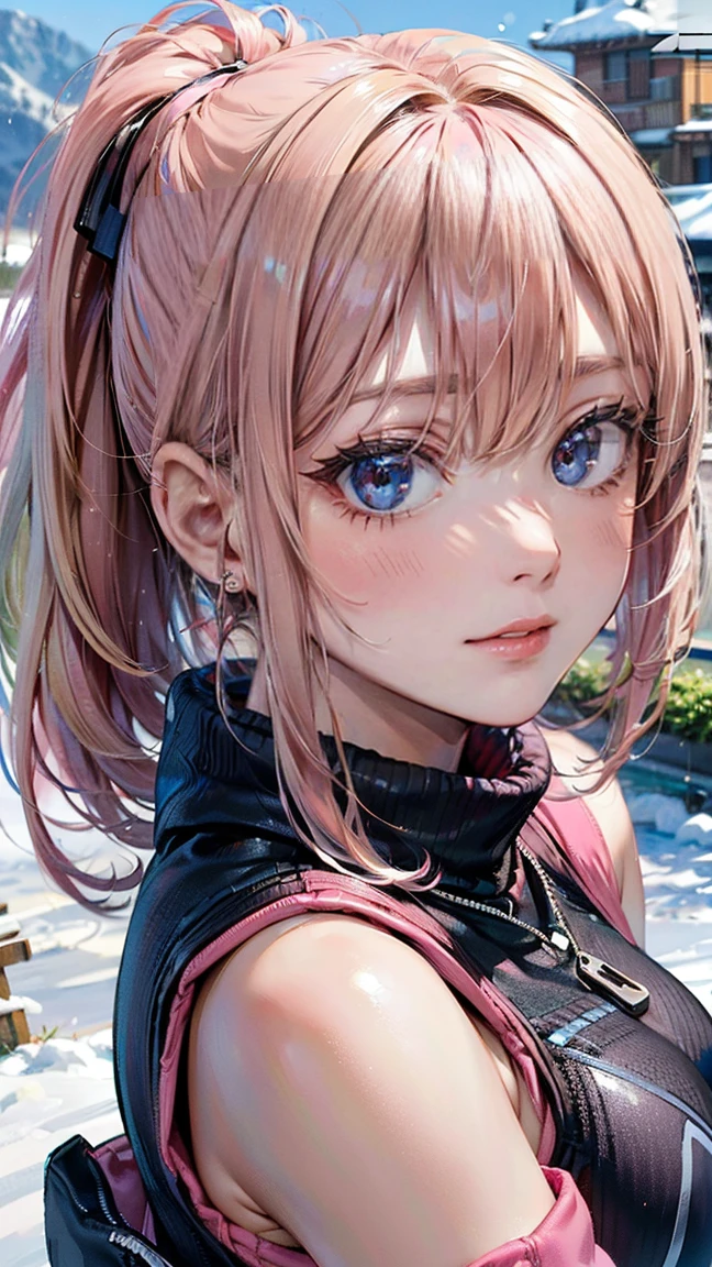 (Masterpiece, BestQuality:1.3), (ultra detailed:1.2), (hyperrealistic:1.3), (RAW photo:1.2), High detail RAW color photo, professional photograph, (Photorealistic:1.4), (realistic:1.4), (Pink Hair:1.5), professional lighting, perfect anatomy, (Big Breasts:1.2), (blush, detailed face), (cheerful Smile:1.5), Trending Hair&Trending Hairカラーをランダムに, earrings, necklace, bracelet, sexly, erotic sexly, Random sexy gravure poses, (A woman wearing ski wear in the winter mountains、Smiling happily。Blonde Ponytail。:1.3)