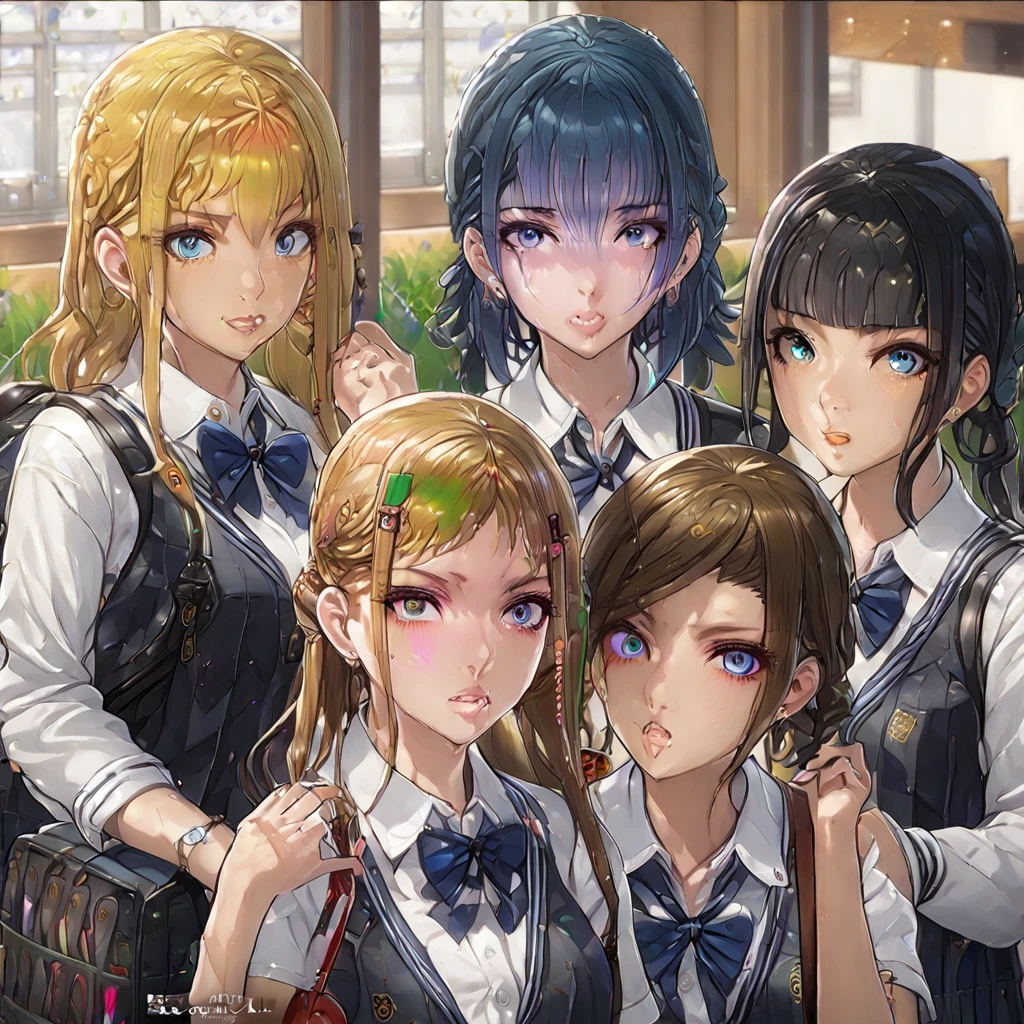 (masterpiece, top quality, best quality, official art, sexy), multiple girls, multiple different characters, school girls, school, detailed face, mesmerizing eyes