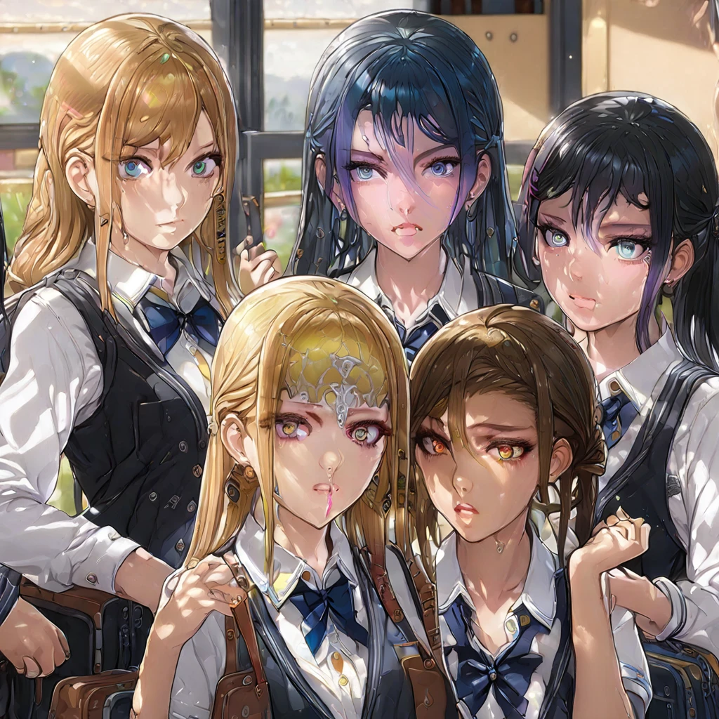 (masterpiece, top quality, best quality, official art, sexy), multiple girls, multiple different characters, school girls, school, detailed face, mesmerizing eyes