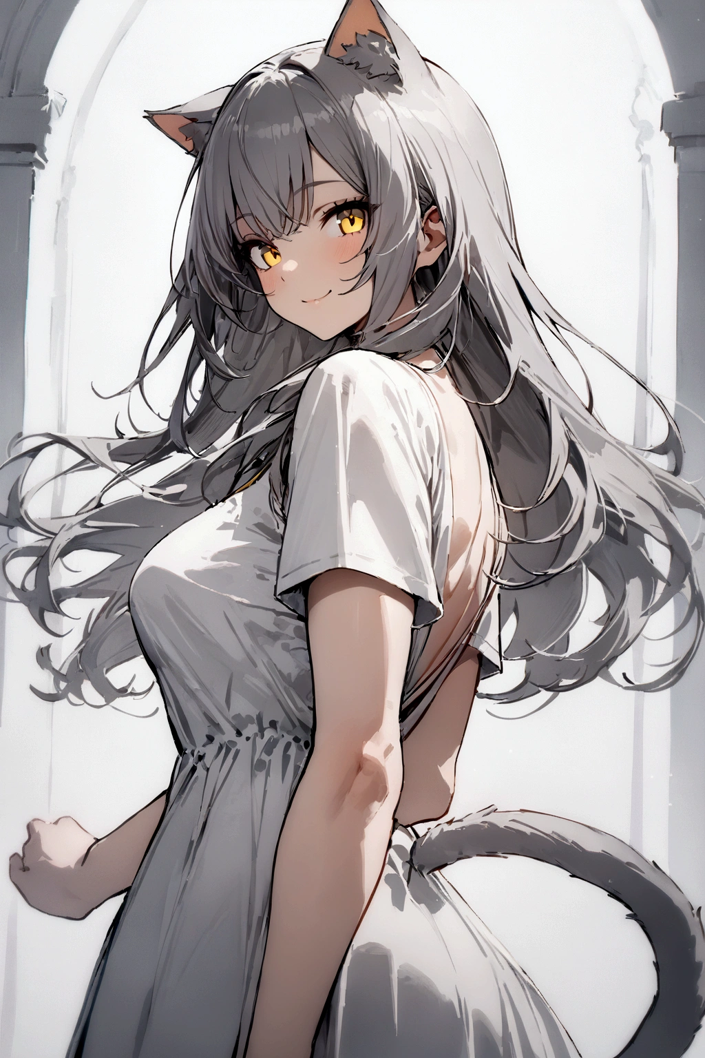 ((masterpiece)), ((best quality)), (from front), (half-body shot:1.36), perfect anatomy, 1girl, solo, cat girl, long gray straight hair, yellow round eyes, gray cat ears, gray fluffy cat tail, short-sleeved white dress, smiling, looking at viewers