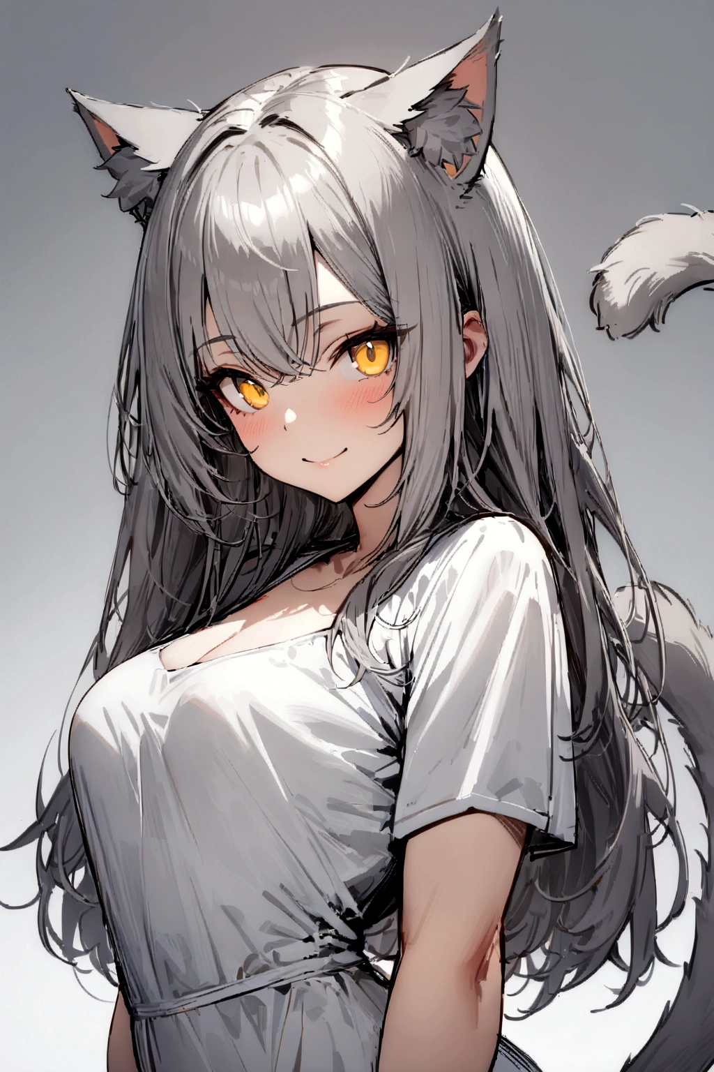 ((masterpiece)), ((best quality)), (from front), (half-body shot:1.36), perfect anatomy, 1girl, solo, cat girl, long gray straight hair, yellow round eyes, gray cat ears, gray fluffy cat tail, short-sleeved white dress, smiling, looking at viewers
