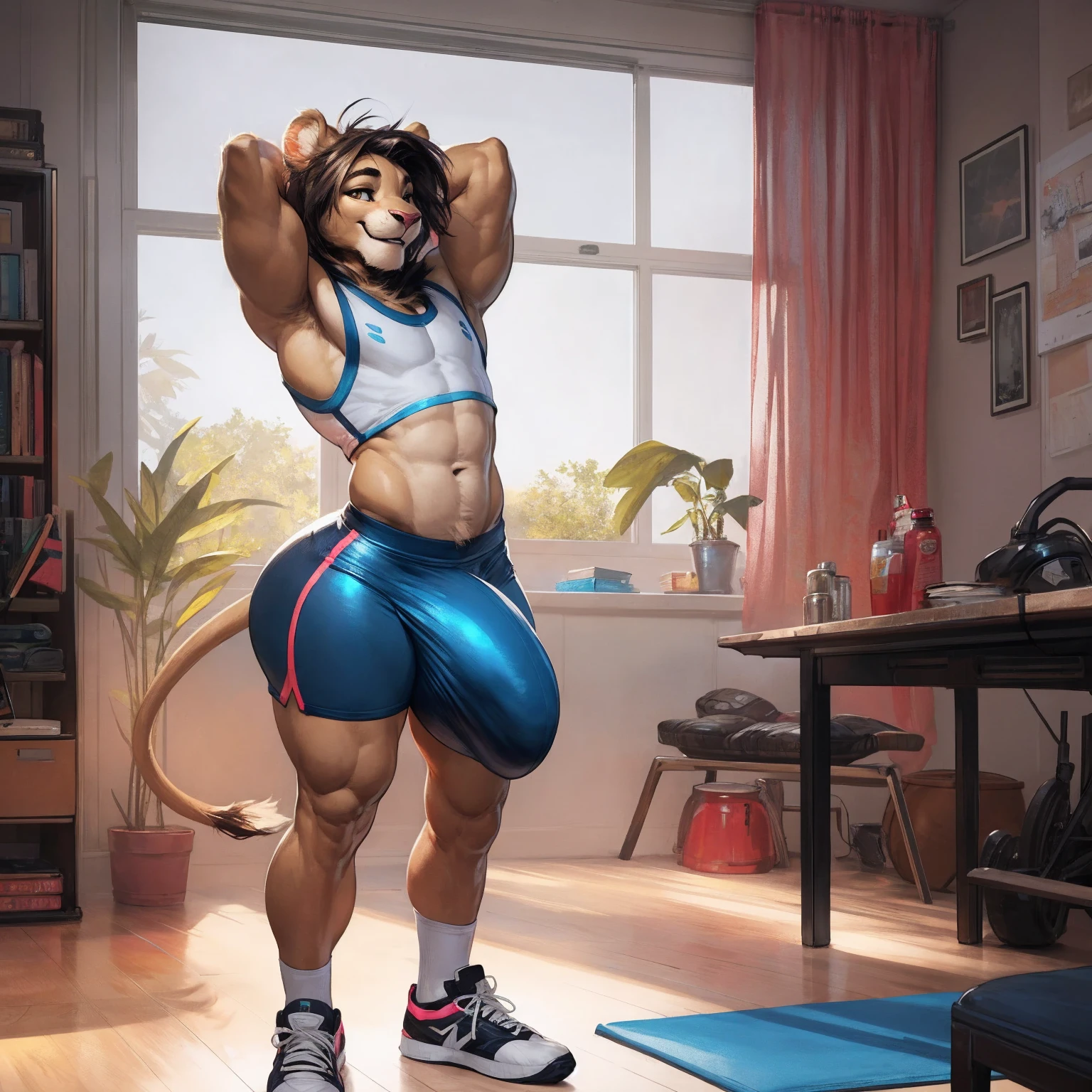 (by darkgem, by boosterpang), solo focus, 1boy, male, lion boy, cute, girly, femboy, short boy, looking at viewer, smiling, happy, large muscular body, (hyper hips:1.3), (huge bulge:1.1), (long bulge), bulgeJ8, long hair, detailed eyes, lust, masterpiece, best quality, lycra shorts, white tank top, sneakers, standing upright, photorealistic, hyperrealistic, ultradetailed, detailed background, photo background, digital drawing (artwork), girly, bedroom eyes, (aerobics class), indoors, looking at viewer, stretching, hands behind head, (tail),