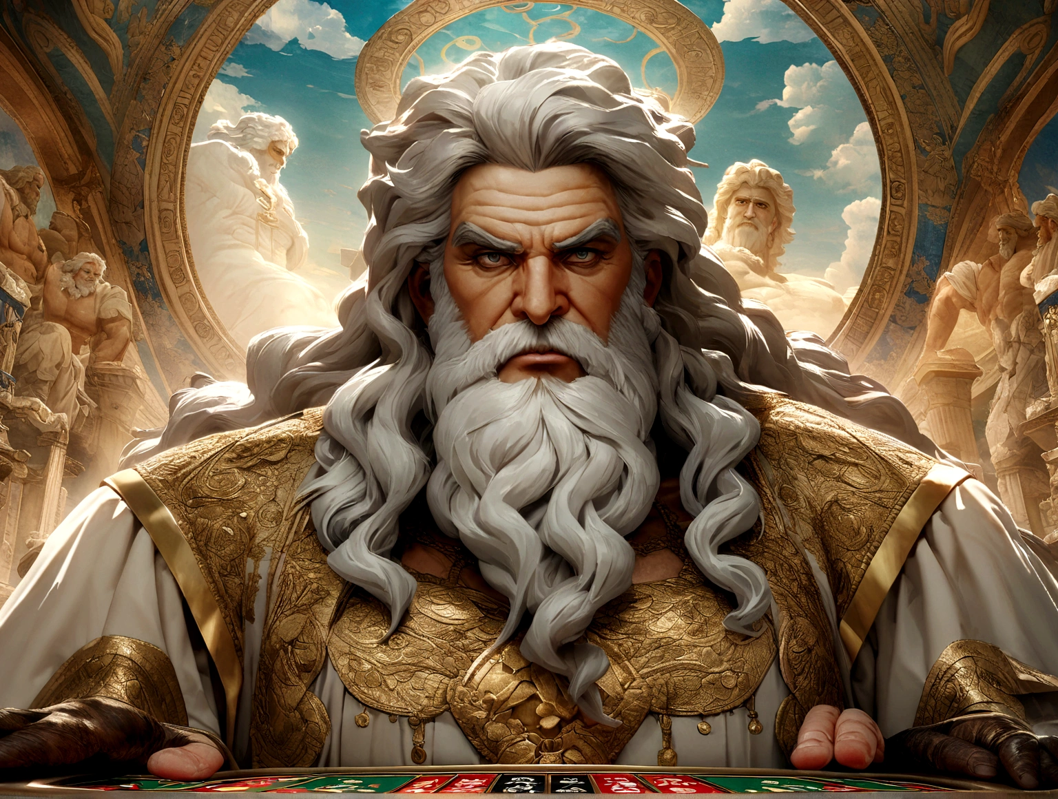 cinematic image of zeus ,inspired by greek characters ,detailed background ,8k,super detailed,inspired by stoicism characters playing slot machine casino
