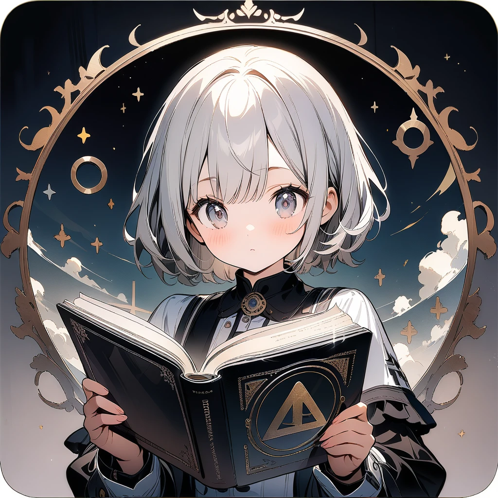 (circle frame1.7),1girl,, masterpiece art, reading silver book, cute girl,icon, circle frame,