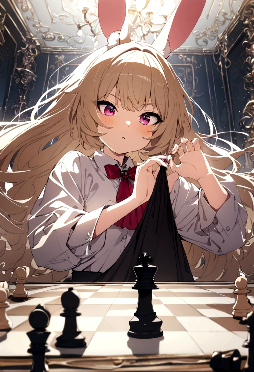 masterpiece, Highest quality, Highest quality, masterpiece, High resolution, concentrated,A girl playing chess with a rabbit、His clothes are open