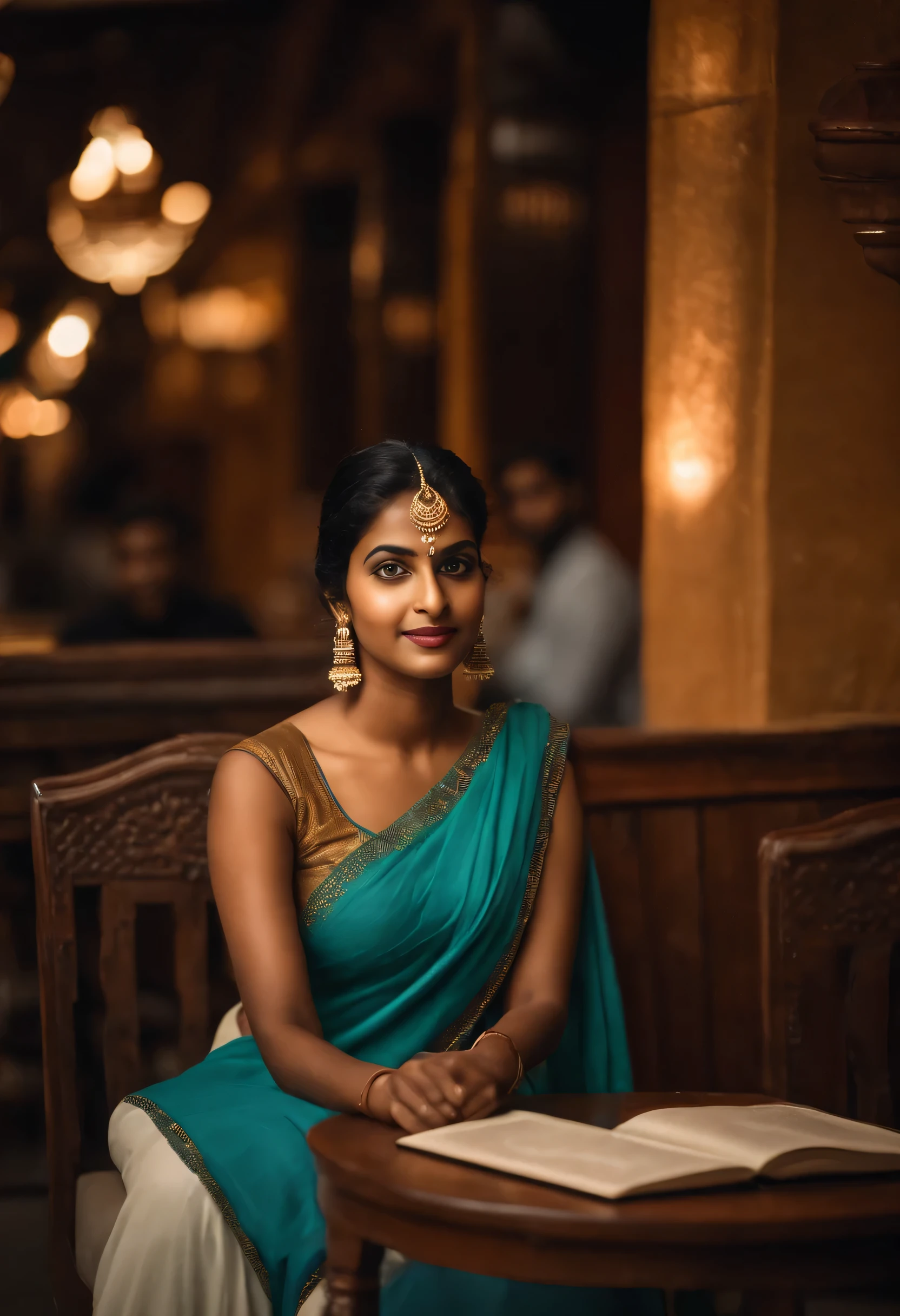 Indian woman sitting at a table in a restaurant with a book, gorgeous young Indian woman, beautiful young Indian woman, beautiful south indian woman, No background blur, overcast lighting, no cinematic lighting, round face, indian girl, beautiful korean girl, Mobile photography , mobile camera, taken in mobile phone, realistic, ultra realistic human, female from india, in saree