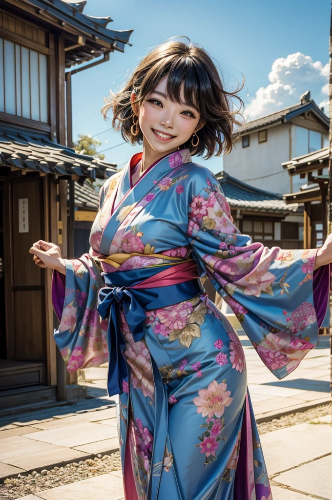 A beautiful smiling woman in a kimono greets people with a cheerful "Good morning" as she dances with her arms open under the blue sky