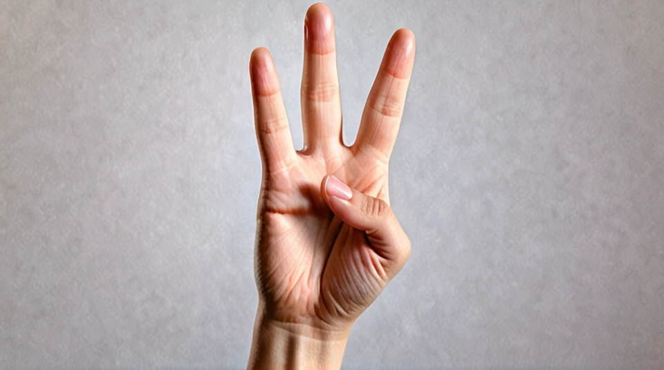 a realistic image of a human hand, which shows the Victory sign. The hand should be clean and well-groomed, with clearly defined fingers and nails. The skin color of the hand should have a natural tone. The hand position should clearly show the victory sign (an upward pointing index finger and middle finger, while the ring finger and little finger are folded in and the thumb slightly overlaps these two fingers) represent. The background should be neutral and blurred, so that the hand remains in focus. The picture should be taken in daylight, to create natural shadows and lights. Please mind that, that the proportions of the hand are correct and aesthetically pleasing."