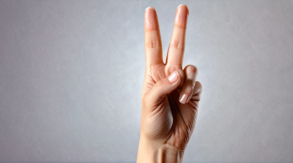 a realistic image of a human hand, which shows the Victory sign. The hand should be clean and well-groomed, with clearly defined fingers and nails. The skin color of the hand should have a natural tone. The hand position should clearly show the victory sign (an upward pointing index finger and middle finger, while the ring finger and little finger are folded in and the thumb slightly overlaps these two fingers) represent. The background should be neutral and blurred, so that the hand remains in focus. The picture should be taken in daylight, to create natural shadows and lights. Please mind that, that the proportions of the hand are correct and aesthetically pleasing."