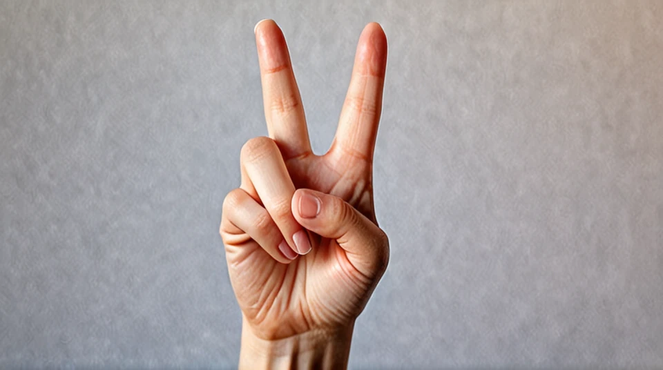 a realistic image of a human hand, which shows the Victory sign. The hand should be clean and well-groomed, with clearly defined fingers and nails. The skin color of the hand should have a natural tone. The hand position should clearly show the victory sign (an upward pointing index finger and middle finger, while the ring finger and little finger are folded in and the thumb slightly overlaps these two fingers) represent. The background should be neutral and blurred, so that the hand remains in focus. The picture should be taken in daylight, to create natural shadows and lights. Please mind that, that the proportions of the hand are correct and aesthetically pleasing."