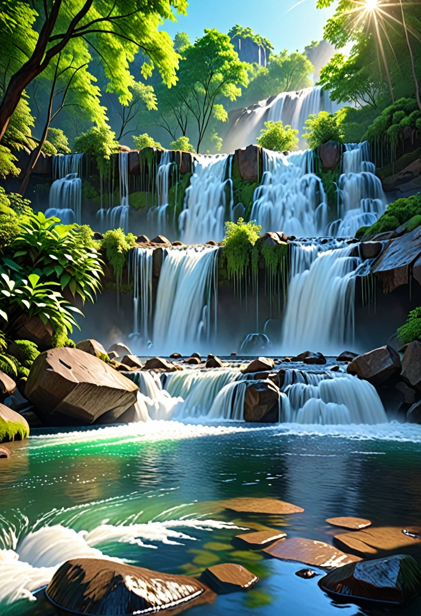 In the tranquil and beautiful scenery,There are rushing waterfalls, Ray Tracing, detailed reflections, complex, High Detail, dramatic, Best quality masterpiece, Reality, detailed, 8K, Human Development Report, Backlight, bloom, Shining, Chromatic Aberration, Clear focus