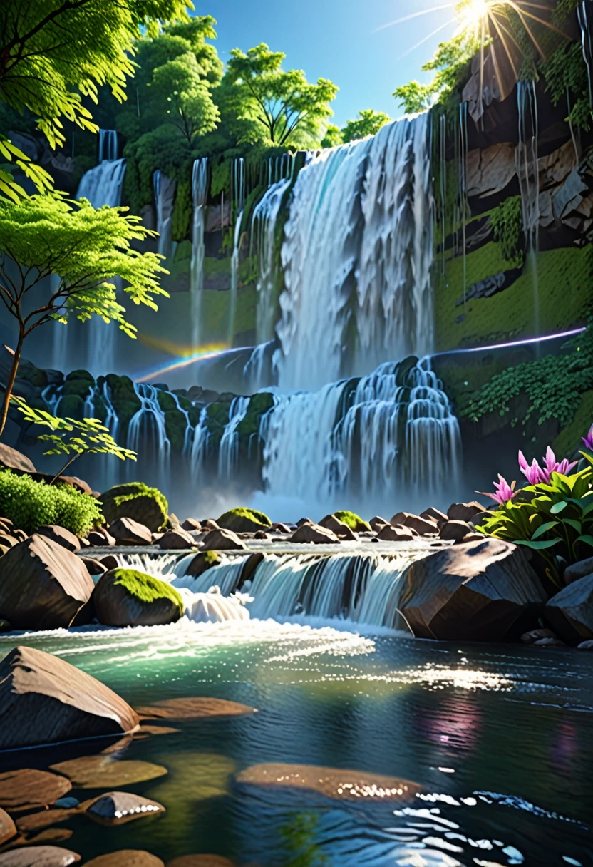 In the tranquil and beautiful scenery,There are rushing waterfalls, Ray Tracing, detailed reflections, complex, High Detail, dramatic, Best quality masterpiece, Reality, detailed, 8K, Human Development Report, Backlight, bloom, Shining, Chromatic Aberration, Clear focus