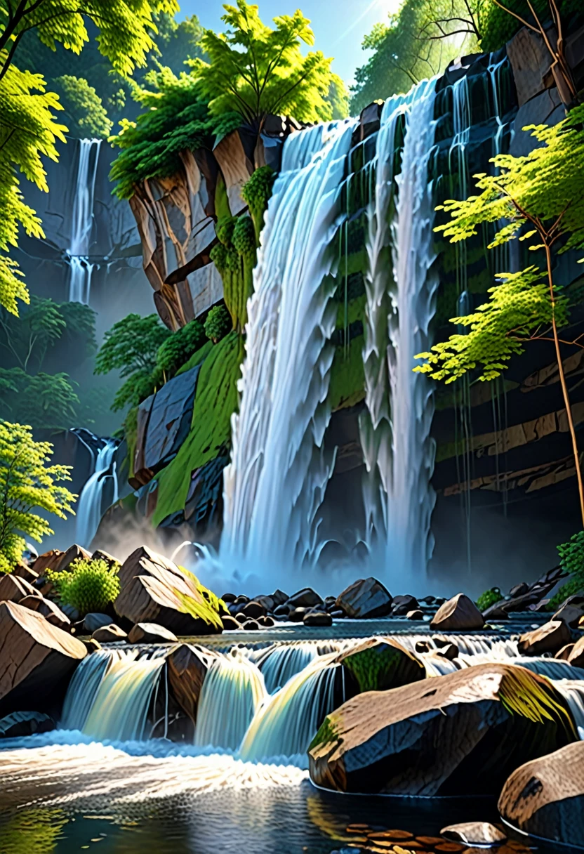 In the tranquil and beautiful scenery，There are rushing waterfalls, Ray Tracing, detailed reflections, complex, High Detail, dramatic, Best quality masterpiece, Reality, detailed, 8K, Human Development Report, Backlight, bloom, Shining, Chromatic Aberration, Clear focus