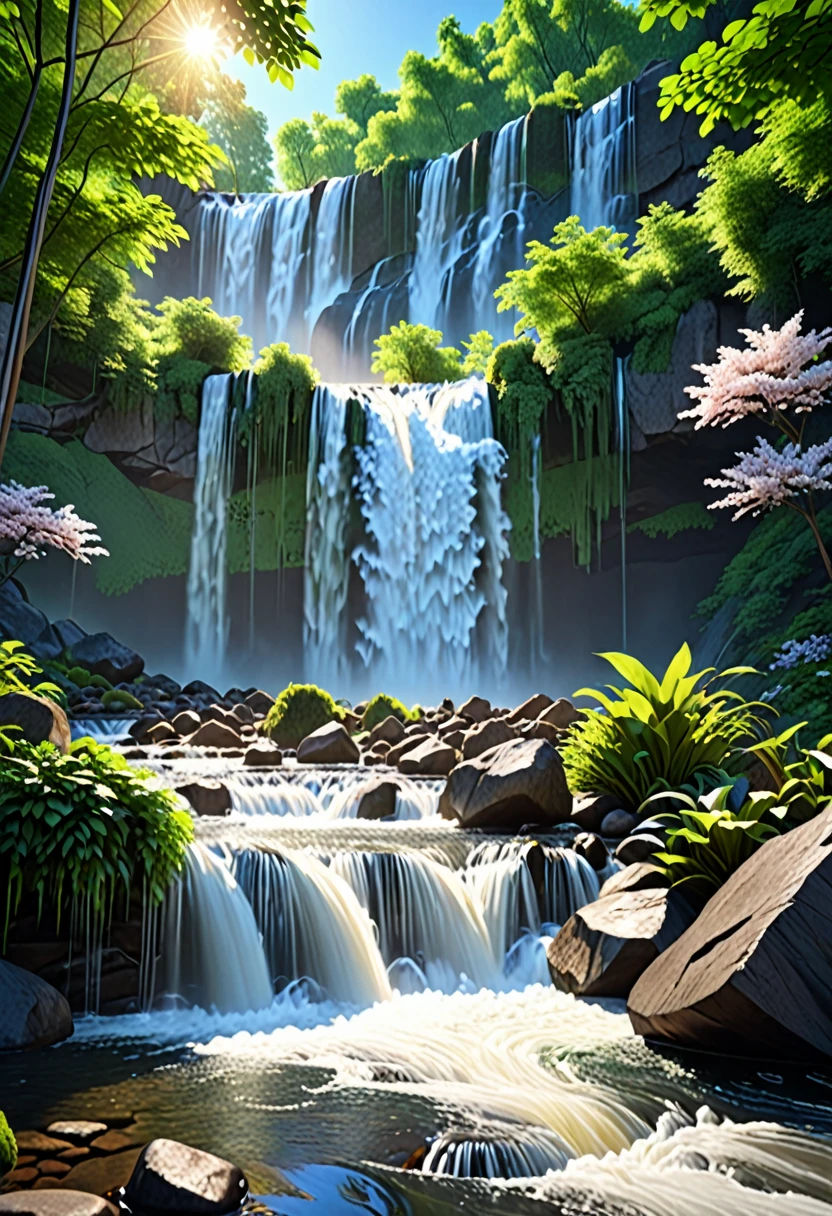 In the tranquil and beautiful scenery，There are rushing waterfalls, Ray Tracing, detailed reflections, complex, High Detail, dramatic, Best quality masterpiece, Reality, detailed, 8K, Human Development Report, Backlight, bloom, Shining, Chromatic Aberration, Clear focus