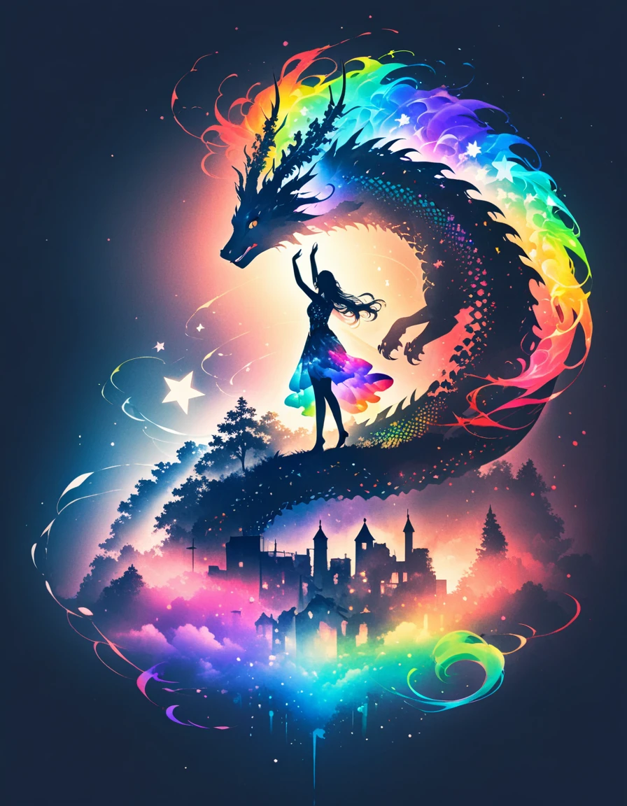 A serene silhouette artwork showing a woman with her arms raised, reaching towards the sky. Her silhouette blends with that of a baby rainbow dragon, perched delicately on her hands, under the glow of a full moon. The background features a star-filled night sky with subtle hints of swirling, abstract patterns. The double exposure effect merges the woman’s reaching form with the colorful, delicate dragon, creating a composition that feels both uplifting and magical. The colors are primarily dark blues and blacks with bright white, silver highlights, and vibrant rainbow tones from the dragon.