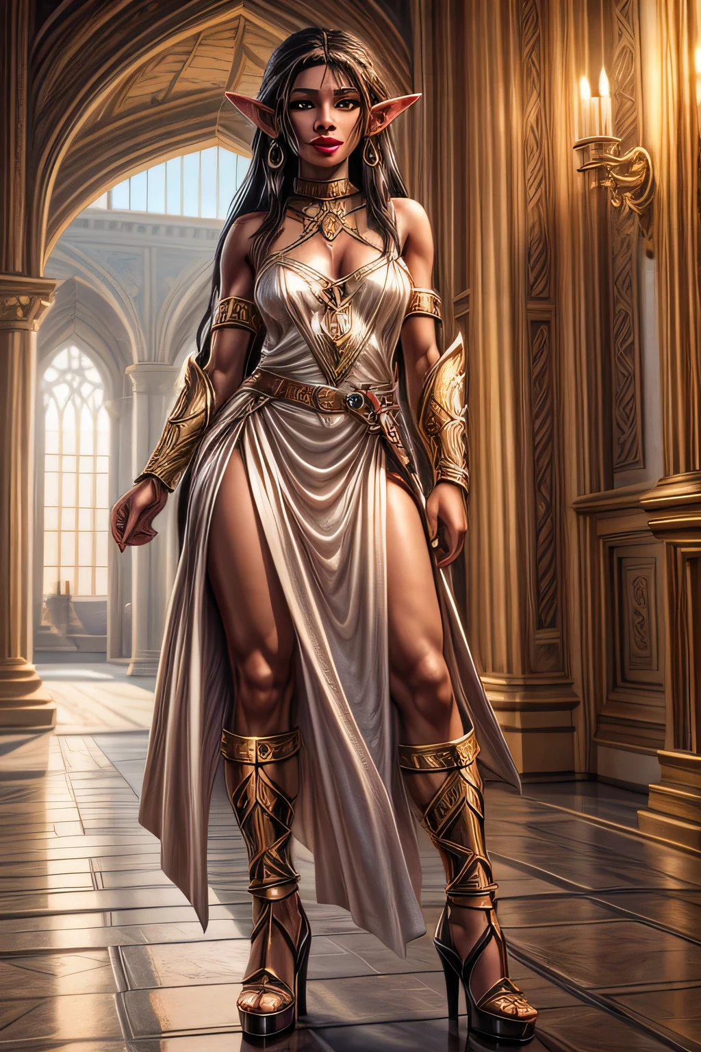 UHD 8k, HDR+, cute naked black-haired dark-skinned elf with large piercing eyes, with a golden calle around her neck, huge earrings, giant earrings, a beautiful elf face, elf ears, gold bracelets on her arms, long black hair flowing down her shoulders, white heeled shoes, high heels, leather armor, Against the background of the palace of the elf king, detailed background, detailed background, realistic, 1girl, solo girl, 20 year old girl, ultra realistic face, hyperrealistic, hyperdetailed, (looking at viewers), sharpen, detailed face, detailed eyes, detailed lips, red lips, beautiful face, 16k, FHD, raw photo, cute face mesh, pretty face mesh, portrait shot 8 k