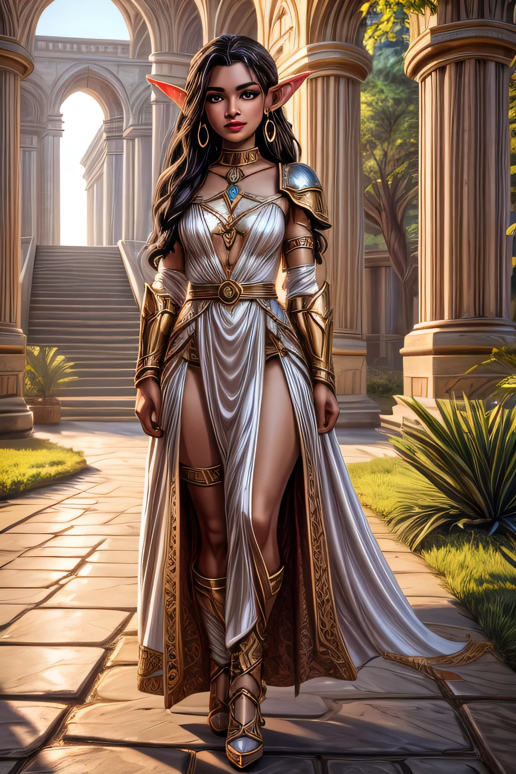 UHD 8k, HDR+, cute naked black-haired dark-skinned elf with large piercing eyes, with a golden calle around her neck, huge earrings, giant earrings, a beautiful elf face, elf ears, gold bracelets on her arms, long black hair flowing down her shoulders, white heeled shoes, high heels, leather armor, Against the background of the palace of the elf king, detailed background, detailed background, realistic, 1girl, solo girl, 20 year old girl, ultra realistic face, hyperrealistic, hyperdetailed, (looking at viewers), sharpen, detailed face, detailed eyes, detailed lips, red lips, beautiful face, 16k, FHD, raw photo, cute face mesh, pretty face mesh, portrait shot 8 k