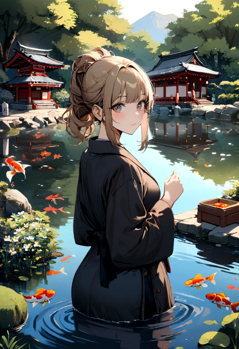 1girl, looking at the viewer, water, pond, lake, shrine, koi