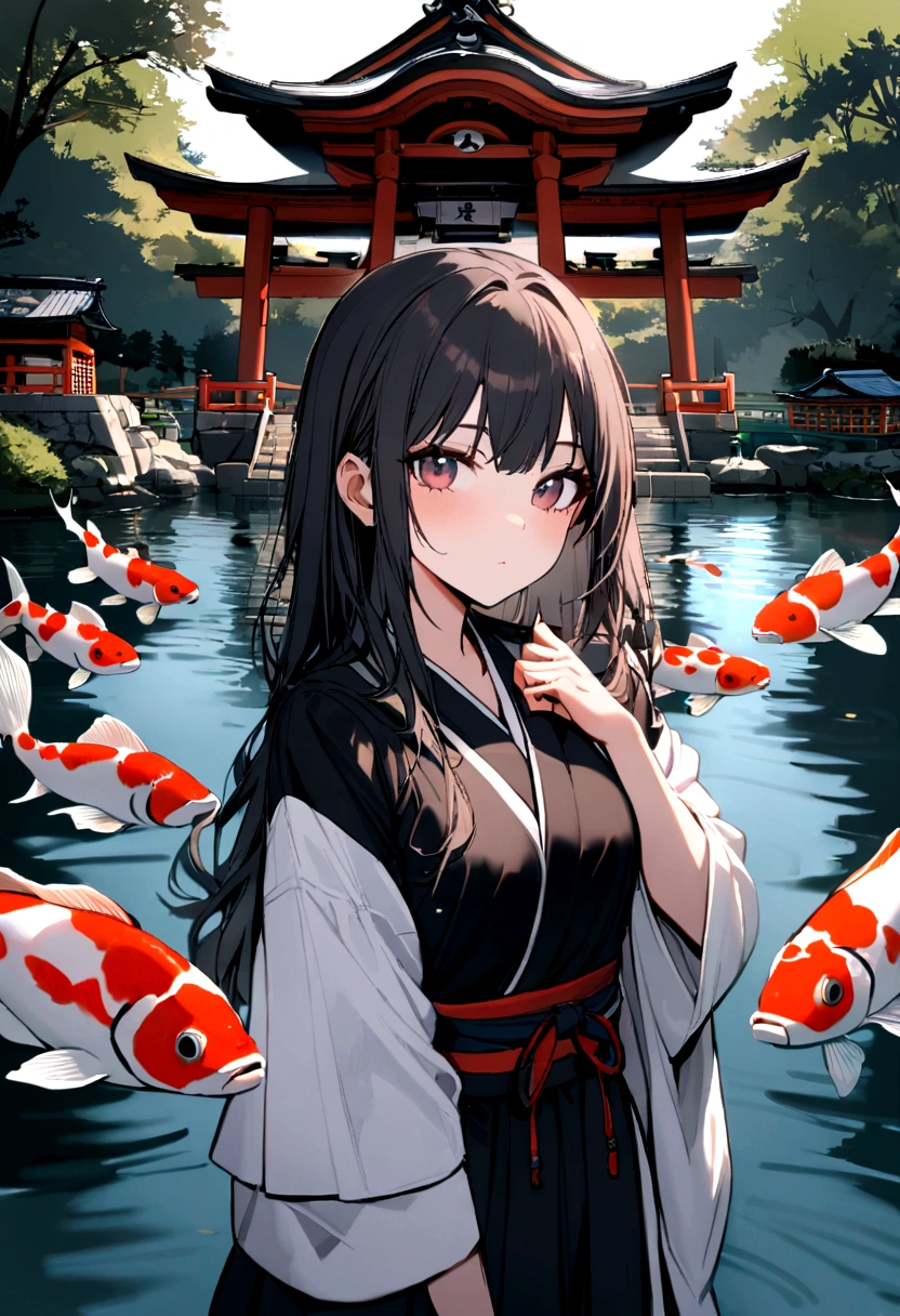 1girl, looking at the viewer, water, pond, lake, shrine, koi