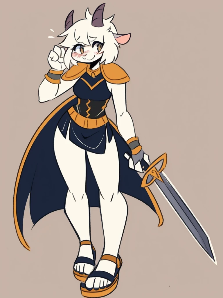 1girl, furry, furry_female, goat_ears, goat_girl, smile, solo, wearing leather armor, gladiator flat leather sandals, gladiator skirt, humanoid feet, holding sword, nosebleed,bloody nose