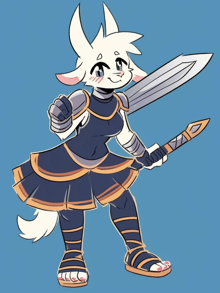 1girl, furry, furry_female, goat_ears, goat_girl, smile, solo, wearing leather armor, gladiator flat leather sandals, gladiator skirt, humanoid feet, holding sword, nosebleed,bloody nose