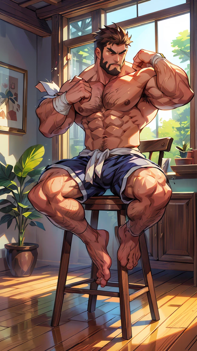 (barefoot),(barefoot),(Long legss ),Bigfoot,(whole body),(Long legs ),(He was wearing baggy shorts,Revealing his length, muscular的腿),(Very prominent reproductive organs),(Very large genitals),Interior background with vintage furniture and retro wooden floor,Surrounded by paleopods),(For the audience) ,(Put his hands on his waist), (Focus on your audience) ,(There is a huge bulge in the area),From the perspective of an outsider:The man is sitting on a chair, leaning to the right of the picture,Legs extended to the left of the picture,The upper left part of the picture is a panoramic floor-to-ceiling window,(Dark brown hair),(Clean face,No beard),Broad shoulders,Muscles protrude a lot,The crotch is bulging,(Long legss),Highest image quality,Japanese cartoons ,Anime Wallpaper,Chest muscle expansion,spread your legs,Sexy,(main part, best quality),((Exaggerated muscle bulge)),There is a dense forest outside the window,muscular and bulky, muscular characters, Awesome and cool, tall and muscular, muscular!!, Very strong, muscular attractive men, Huge muscles, Big Muscle, Muscle Man, Anime handsome man, muscular!, Giant muscles, muscular bodies, muscular character,(The house is low),(My head almost hit the roof),(Long legss covered with long, Thick leg hair),(Long legss covered with long, Thick leg hair),(Long legss covered with long, Thick leg hair),(Long legss covered with long, Thick leg hair),(Long legs),Sitting on a messy little stool,Touch the ground with your feet and stretch forward,Lean back,Lazy gesture,Behind is a panoramic floor-to-ceiling window