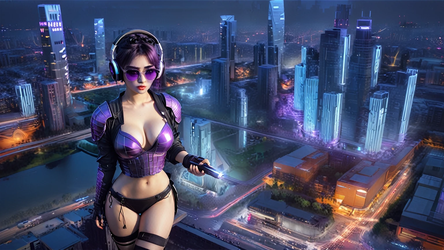 masterpiece, best quality, high resolution, 8k, (Portrait Photos:1.5), (R Original Photo), real picture, Digital Photography, (A fusion of cyberpunk and fantasy), 20 year old girl, solo, (((black sunglasses, headphone))), Feel free to hairstyle, Purple Eyes, By Bangs, (large breasts, cleavage, Accessories, Elegant and charming, Combination of cyberpunk and fantasy style clothing, Hollow carving design, Photo poses, Realistic style, (((((((pistol shooting pose))))))), oc render reflection texture, sentry, (((((aerial view of Cyberpunk style future city, 1 giant (((Chinese Terracotta Warrior))) sculpture))))), night, Bustling streets, (((((half-body (thigh level) medium shot))))).